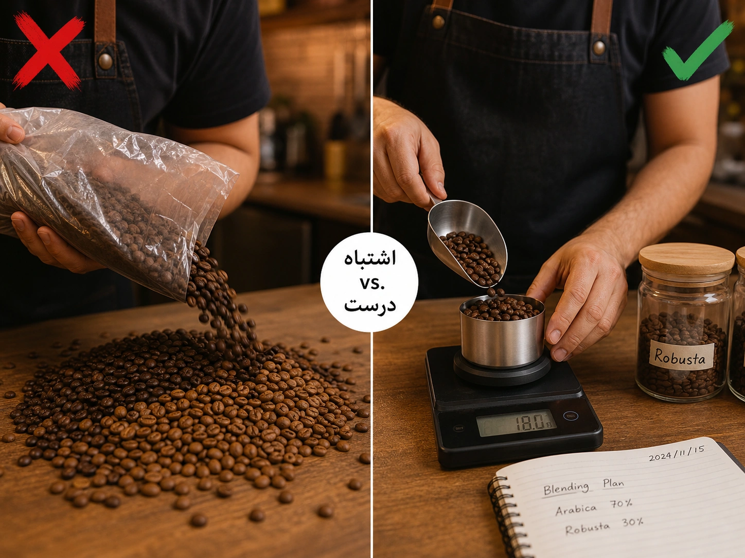 مقایسه روش اشتباه و درست ترکیب قهوه عربیکا و روبوستا — وزن‌کشی دقیق در مقابل ترکیب بی‌دقت