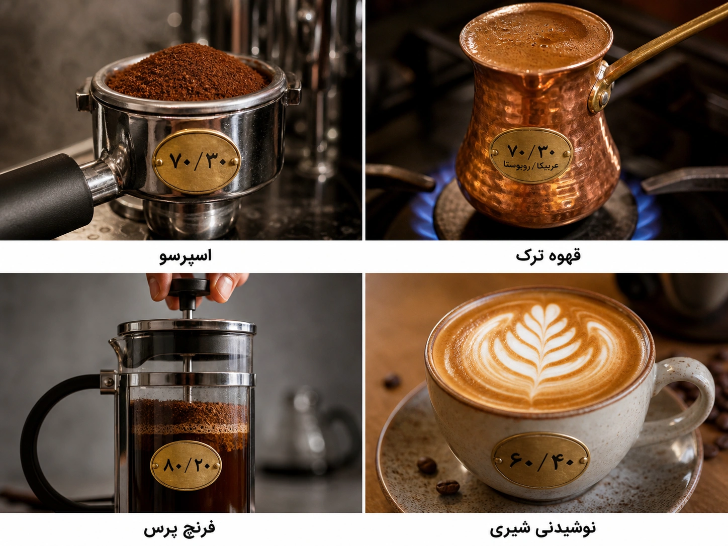 چهار روش دم‌آوری قهوه — اسپرسو، قهوه ترک، فرنچ پرس و لاته با نسبت‌های ترکیب مناسب هر روش