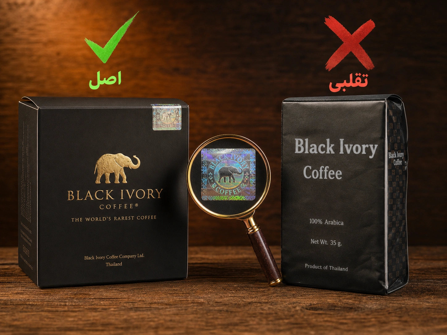 تشخیص اصل از تقلبی قهوه از مدفوع فیل — بسته‌بندی اصل Black Ivory Coffee با مهر تأیید بنیاد فیل آسیایی