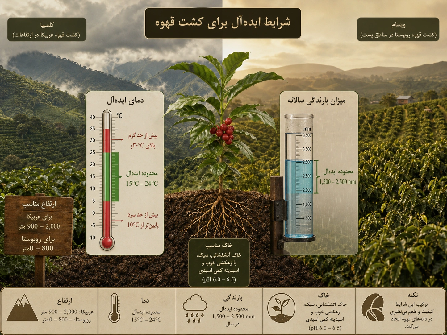اینفوگرافیک شرایط ایده‌آل رشد درخت قهوه شامل دما، بارندگی، ارتفاع و نوع خاک مناسب