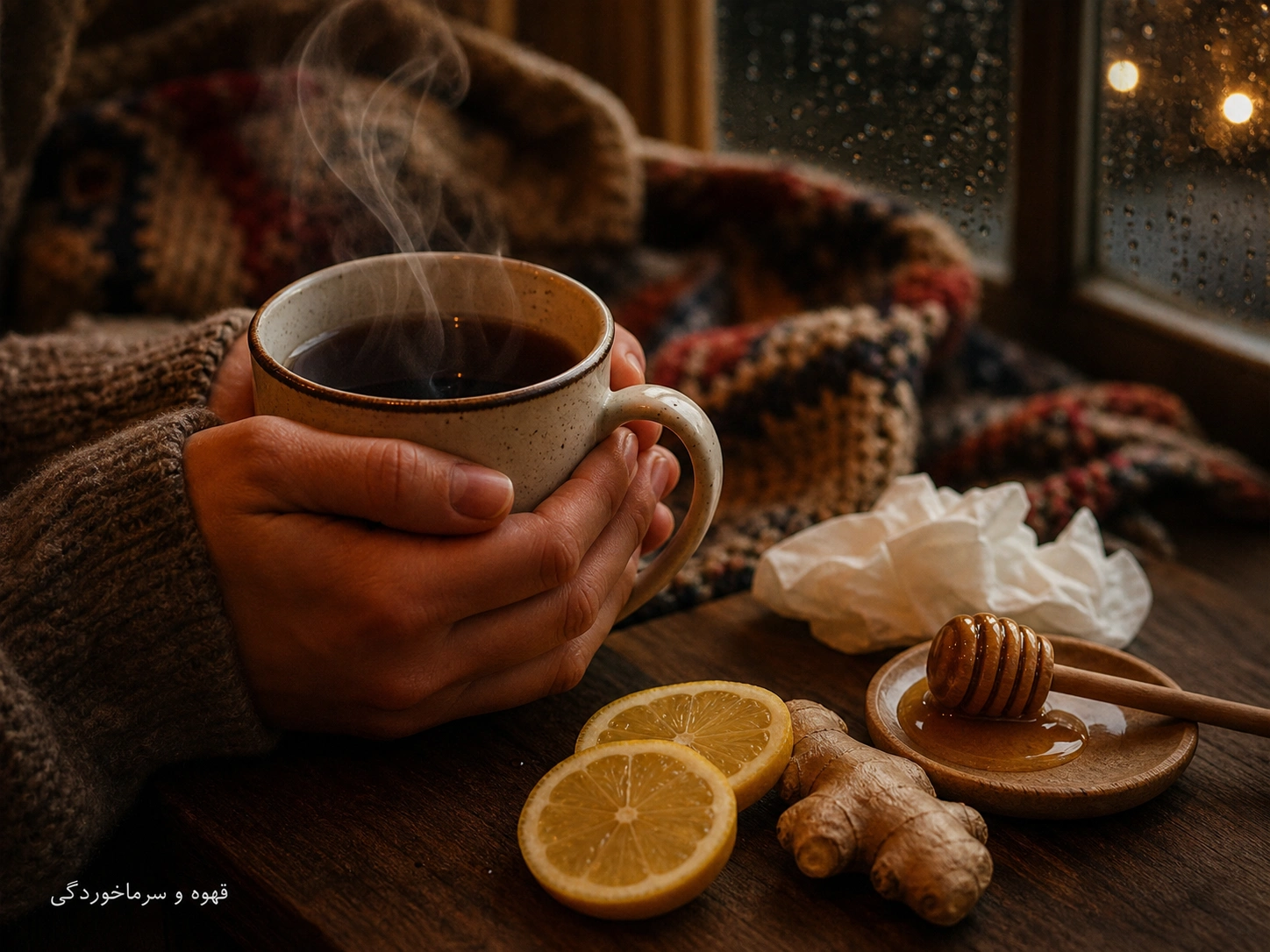 فنجان قهوه داغ با بخار کنار عسل و لیمو برای کمک به سرماخوردگی در محیط گرم و آرام