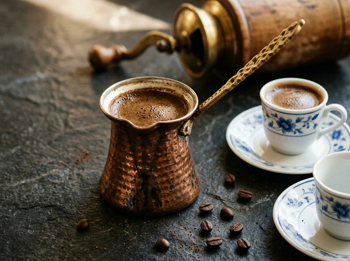 قهوه جوش ترک مسی سنتی با فنجان‌های چینی روی سطح سنگی