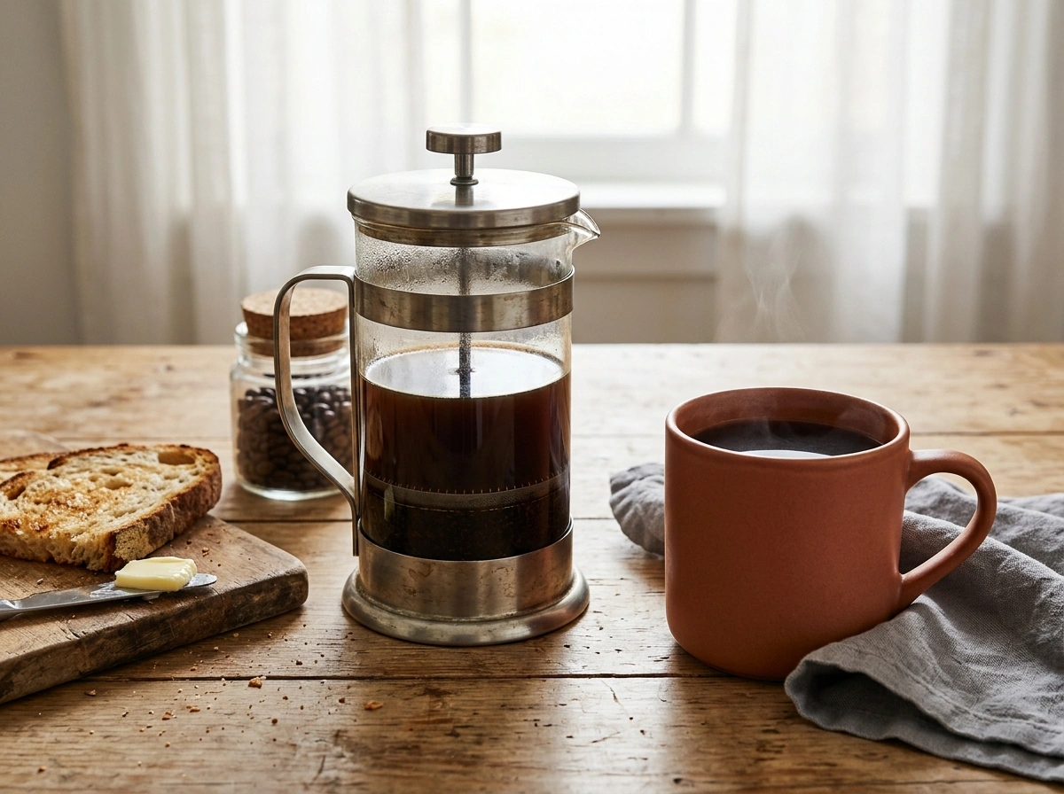 فرنچ پرس شیشه‌ای روی میز صبحانه چوبی با فنجان قهوه در کنارش