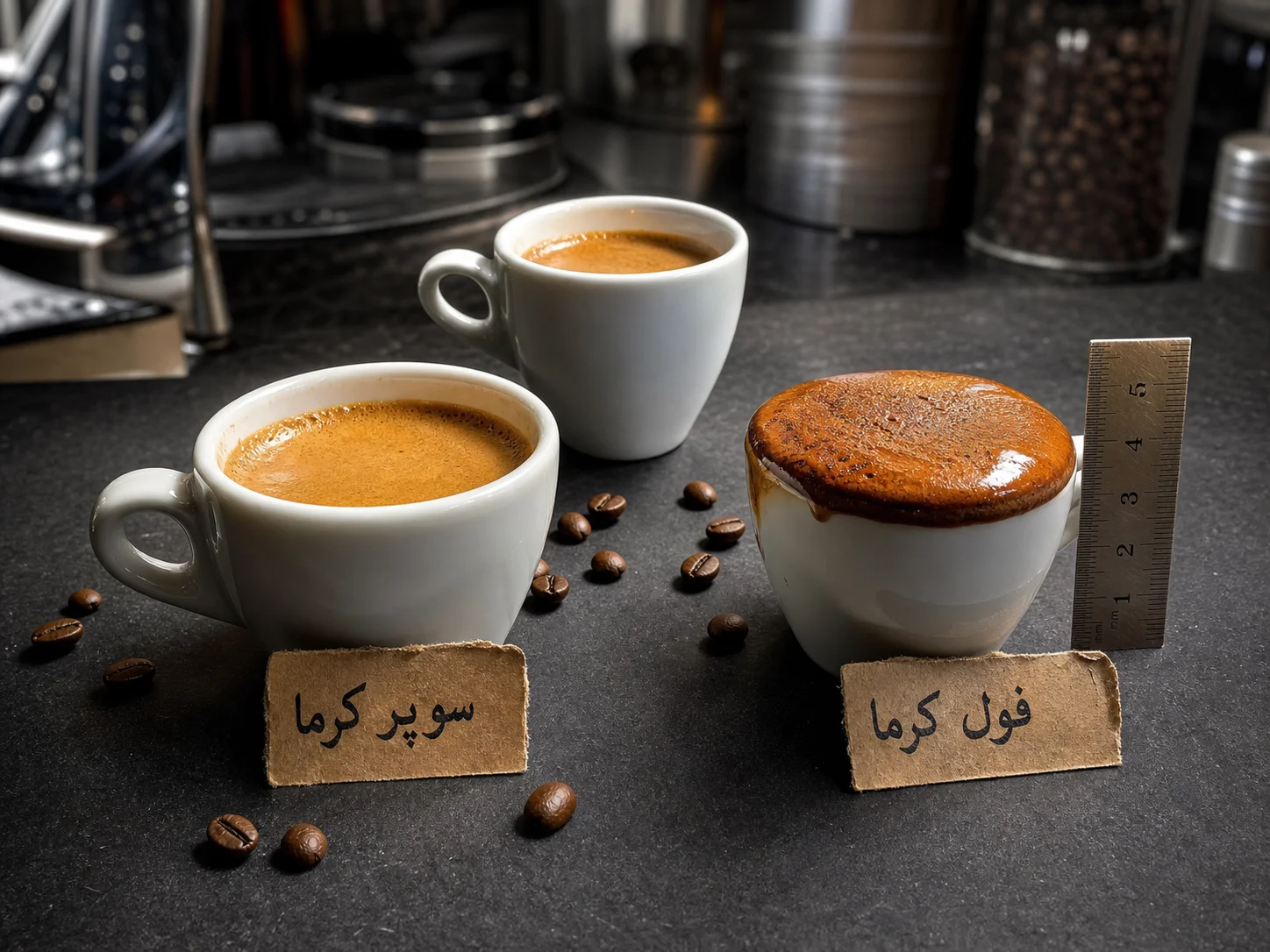 مقایسه سه فنجان اسپرسو — اسپرسوی معمولی، سوپر کرما و قهوه فول کرما در کنار هم