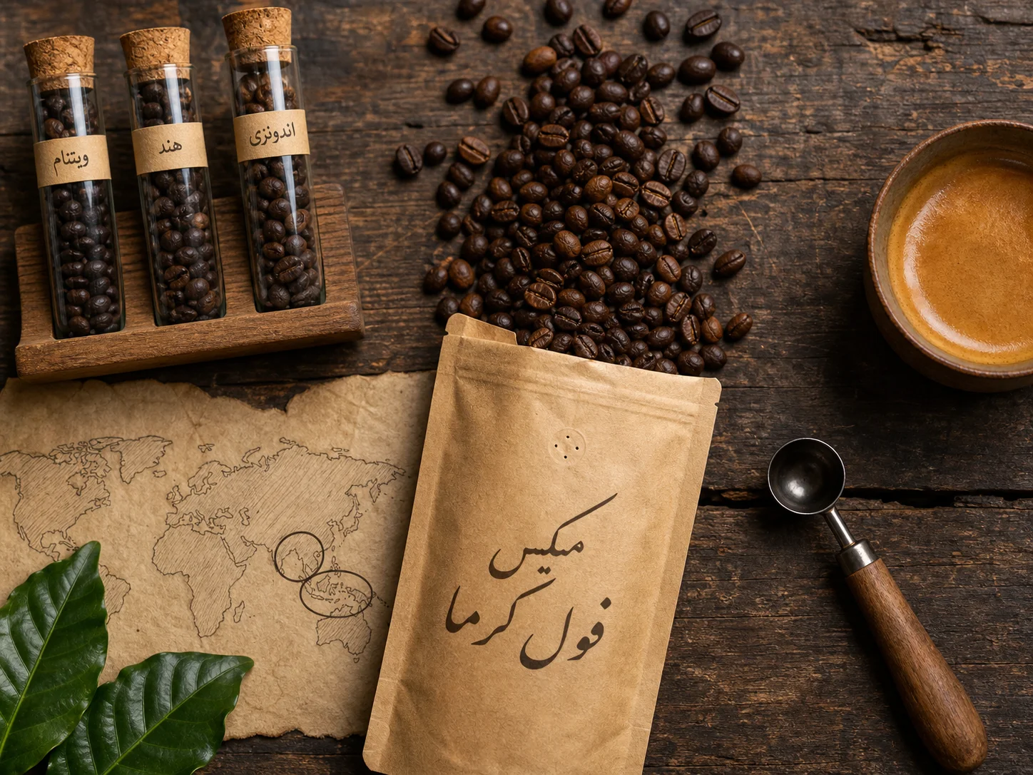 میکس قهوه فول کرما با دانه‌های روبوستا از خاستگاه‌های مختلف ویتنام، هند و اندونزی
