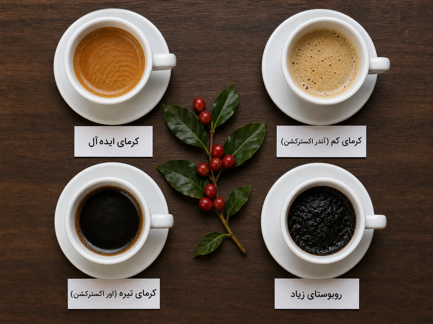 مقایسه چهار نوع کرمای قهوه از ایده‌آل تا اور اکسترکشن برای تشخیص کرمای خوب